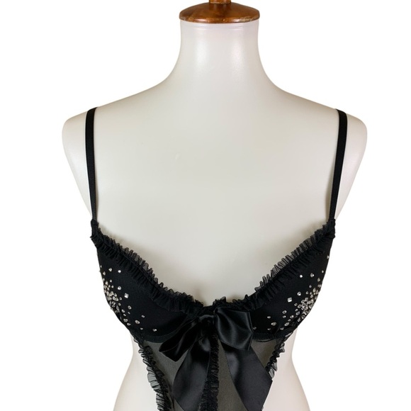 Victoria Secret Black Sheer Babydoll Lingerie Rhinestone Bow Detail 34B - Picture 2 of 6